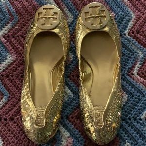 Tory Burch reva sequin ballerina flats gold